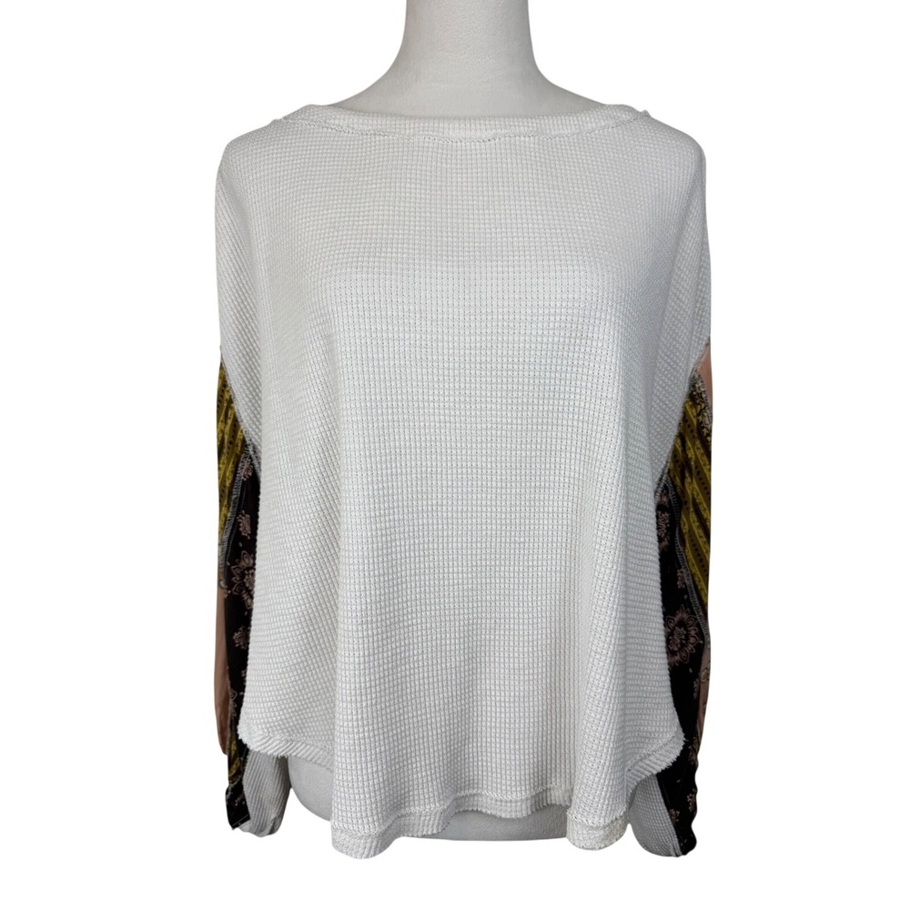 Free People We The Free Thermal Top Womens XS White Mixed Print Balloon Sleeve